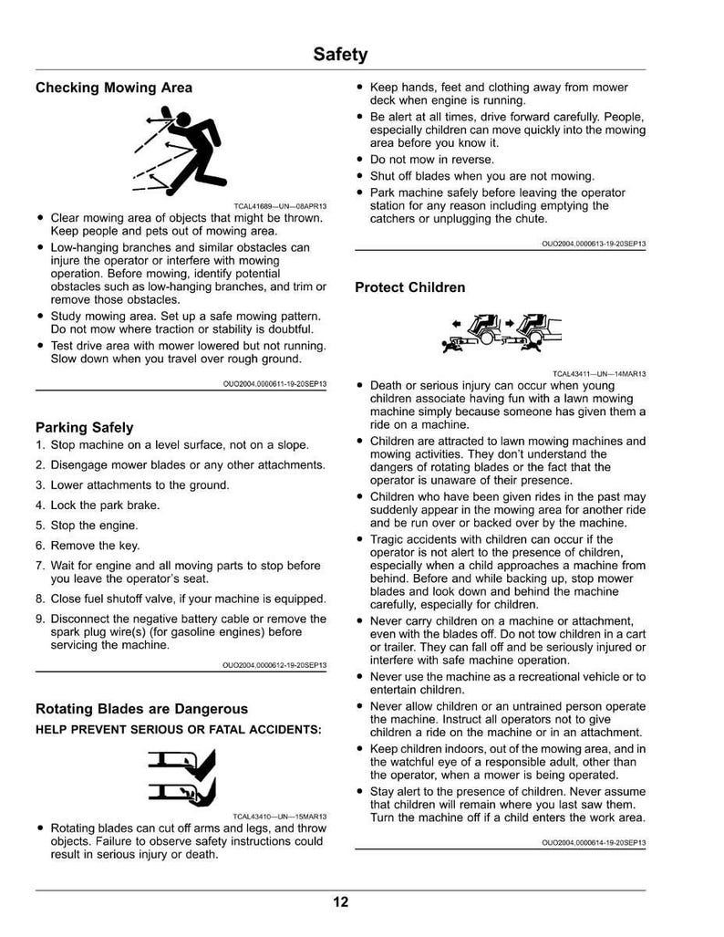 May include: Safety instructions for lawn mowers, including warnings about rotating blades and child safety. Diagrams show safe mowing practices and potential hazards. Text includes "Rotating Blades are Dangerous" and "Protect Children."
