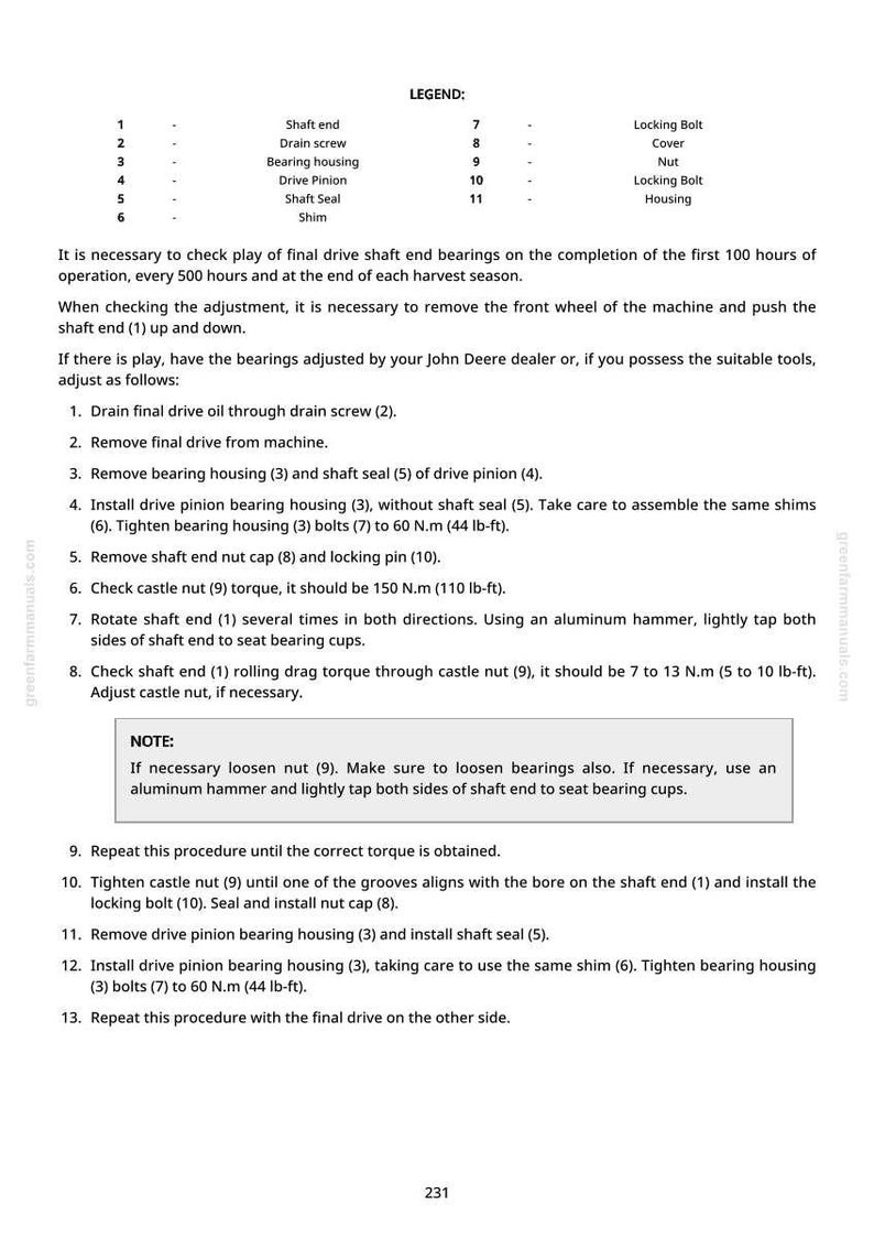 May include: Diagram of a machine's final drive shaft end bearings, with a legend listing parts like the shaft end, drain screw, bearing housing, and drive pinion. Instructions for checking and adjusting the bearings are also included.