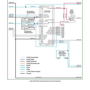 Puede incluir: Diagrama esquem&aacute;tico de circuito detallado con etiquetas de texto y l&iacute;neas, que ilustra el sistema de tracci&oacute;n delantera. Incluye componentes como sensores de pedal, interruptor de freno y TCU. Presenta cableado codificado por colores y texto: "LVAL10779-UN".