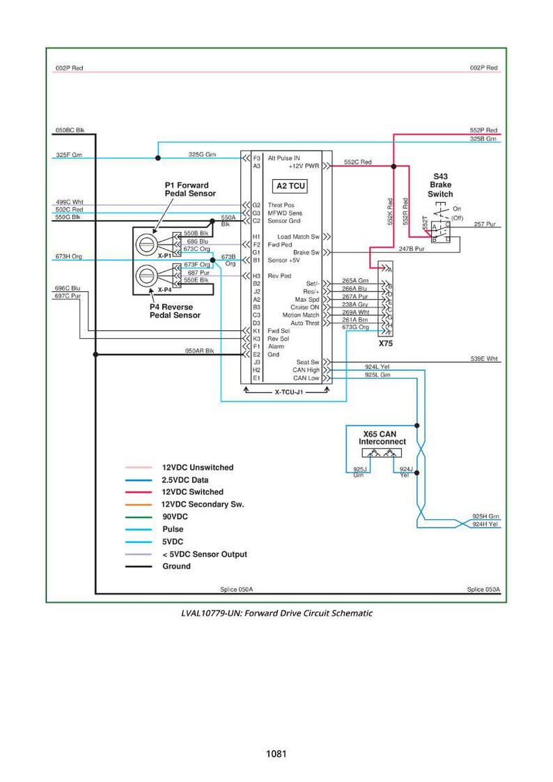 Puede incluir: Diagrama esquem&aacute;tico de circuito detallado con etiquetas de texto y l&iacute;neas, que ilustra el sistema de tracci&oacute;n delantera. Incluye componentes como sensores de pedal, interruptor de freno y TCU. Presenta cableado codificado por colores y texto: "LVAL10779-UN".