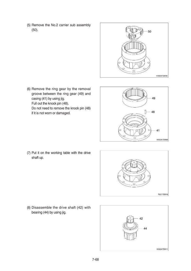 May include: Diagram of mechanical components, including a carrier sub assembly, ring gear, casing, and drive shaft. The image includes numbered parts and instructions for disassembly and assembly.