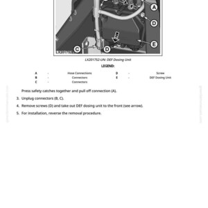 May include: Diagram of a DEF dosing unit with labeled components. The image shows hose connections, connectors, and screws. Text instructions detail the removal and installation process, including unplugging connectors and removing screws.