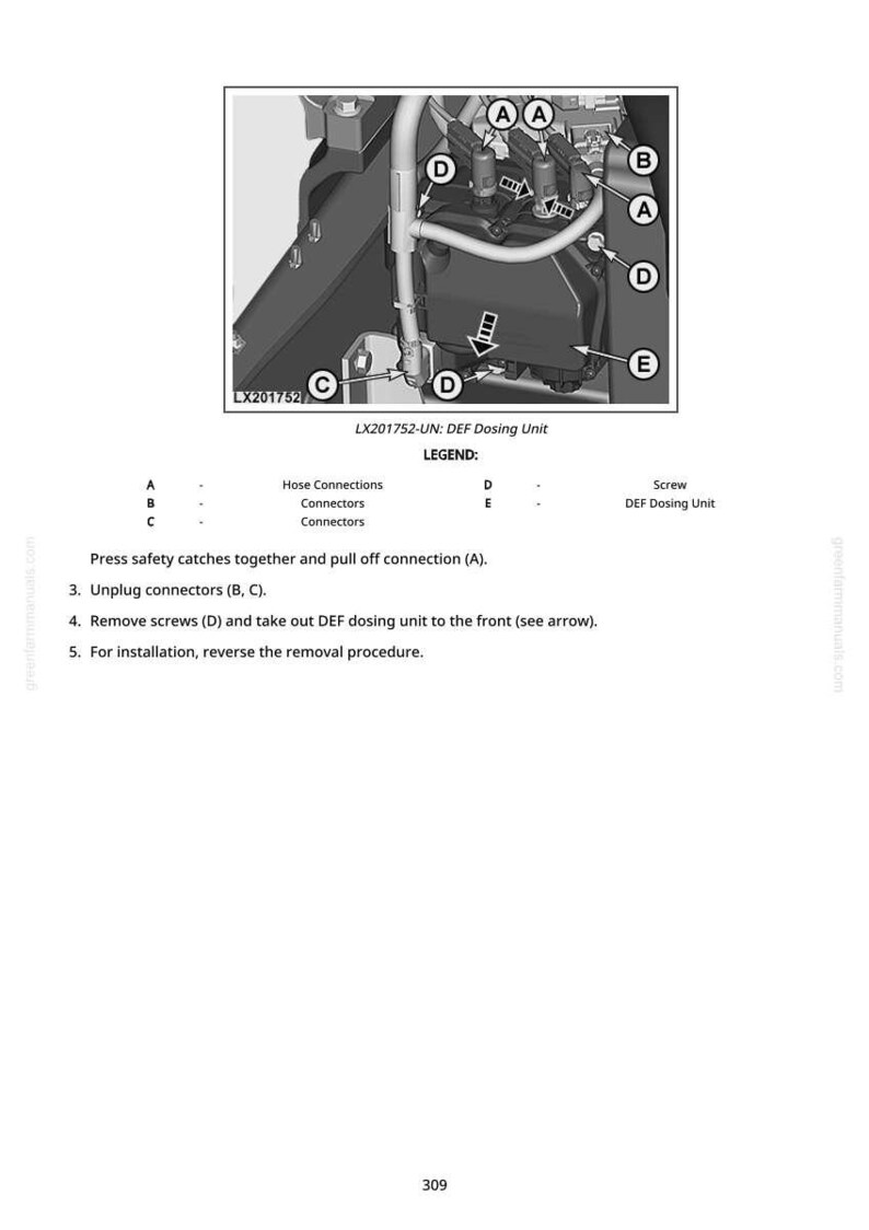 May include: Diagram of a DEF dosing unit with labeled components. The image shows hose connections, connectors, and screws. Text instructions detail the removal and installation process, including unplugging connectors and removing screws.