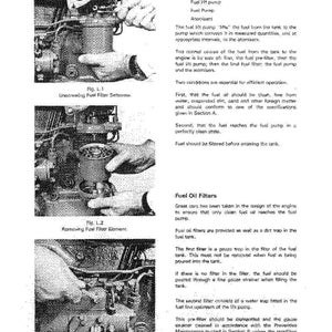 May include: Diagram of a fuel system with instructions for maintenance. Includes images of unscrewing a fuel filter setscrew, removing a fuel filter element, and slackening a governor vent screw. Text details fuel filter components.