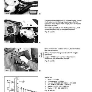 May include: A page from a manual detailing automotive chassis components. The image shows diagrams and instructions for removing and installing parts, including a hydrostatic motor and gear shaft. Text and diagrams are in black and white.