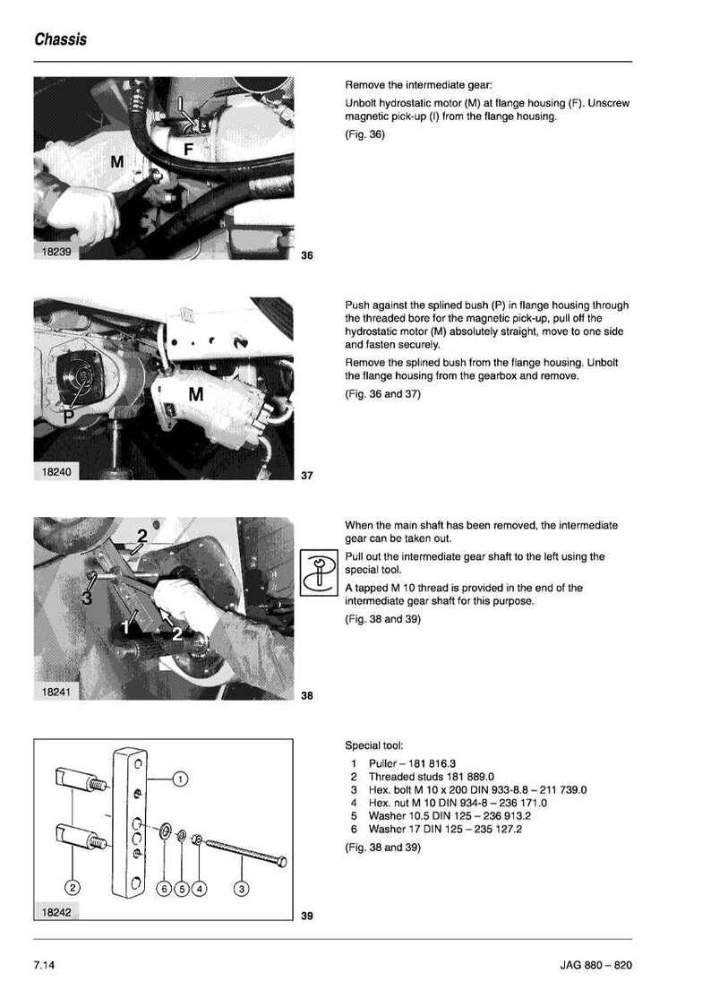 May include: A page from a manual detailing automotive chassis components. The image shows diagrams and instructions for removing and installing parts, including a hydrostatic motor and gear shaft. Text and diagrams are in black and white.