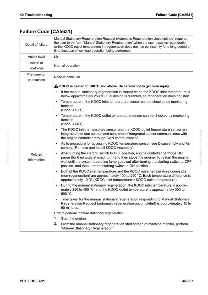May include: A troubleshooting guide page titled "Failure Code [CA5631]" providing details on the issue, action levels, controller actions, and related information. The text is black on a white background, with measurements in Celsius.