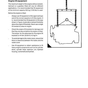 May include: Diagram of an engine with a lifting mechanism, from a workshop manual. The text reads "Engine" at the top, with safety instructions and specifications for engine lift equipment. The manual is for MF275 Xtra & MF290 Xtra.