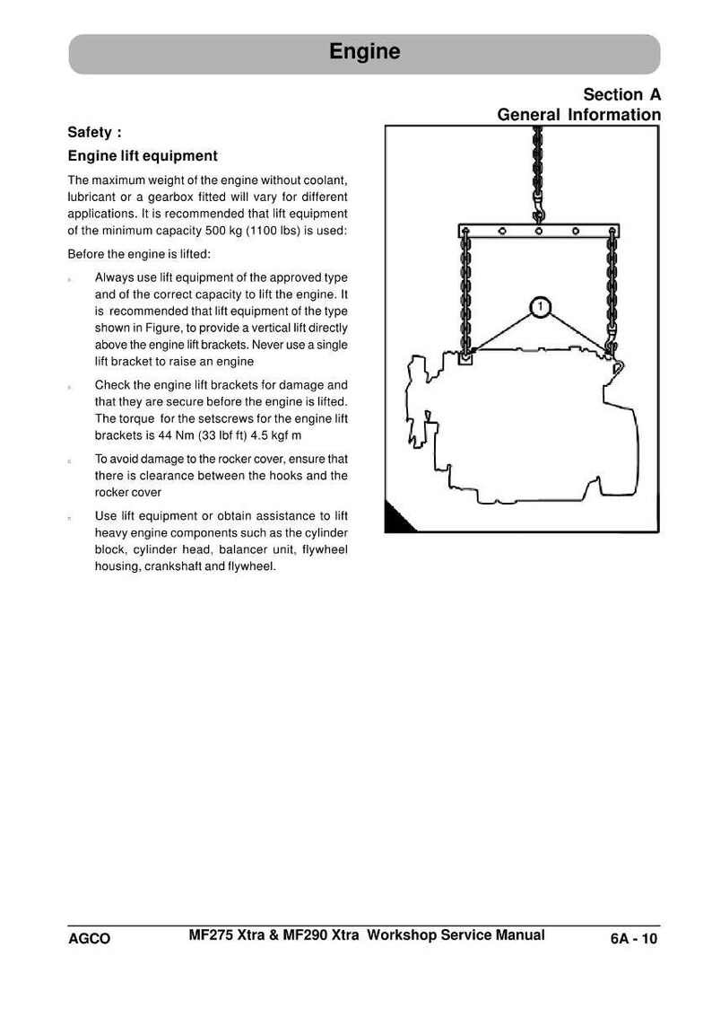 May include: Diagram of an engine with a lifting mechanism, from a workshop manual. The text reads "Engine" at the top, with safety instructions and specifications for engine lift equipment. The manual is for MF275 Xtra & MF290 Xtra.