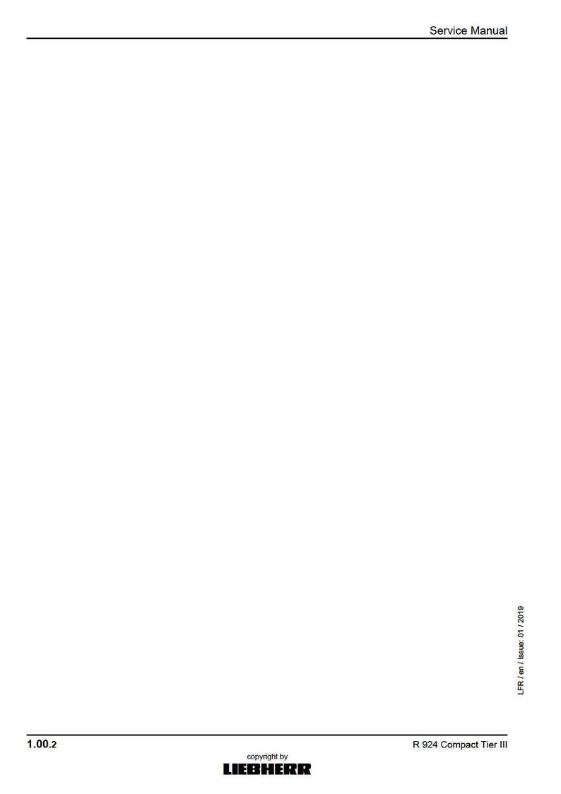 May include: A white service manual with the text "Service Manual" at the top. The bottom of the page includes the text "1.00.2", "copyright by LIEBHERR", and "R 924 Compact Tier III". The right side of the page has the text "LFR / en / Issue: 01 / 2019".