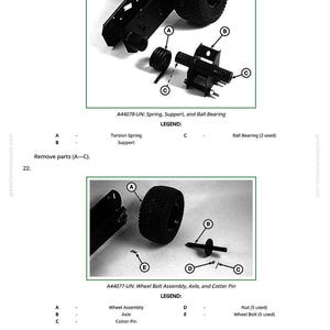 Puede incluir: Diagrama de piezas de cortac&eacute;sped, que incluye un conjunto de rueda, eje y pasador de chaveta. La imagen muestra una rueda, un resorte y componentes de soporte. Las etiquetas de texto identifican cada pieza para el montaje y la extracci&oacute;n.