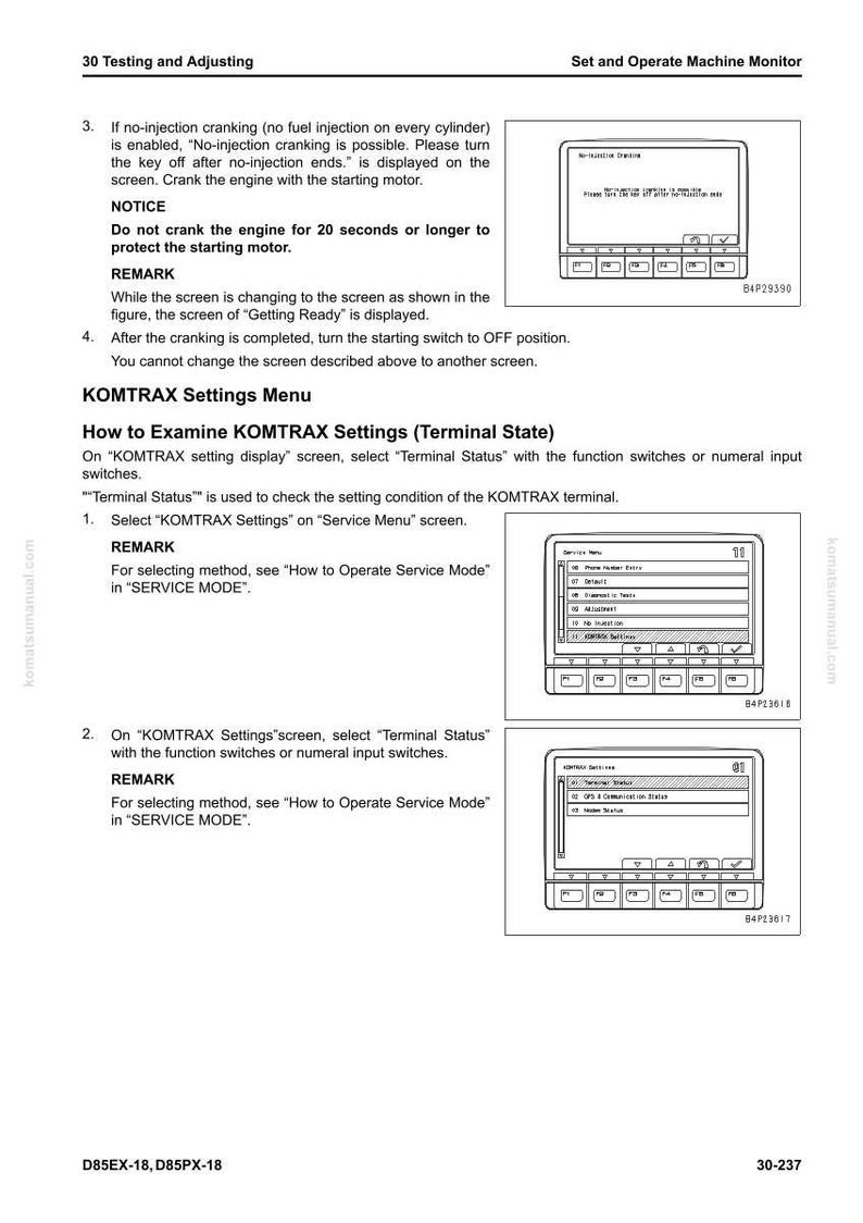 May include: A technical manual page with instructions on machine monitor settings. The page includes diagrams of a screen interface with various options and text instructions. The document is titled "30 Testing and Adjusting."