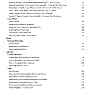 May include: A detailed contents list from a manual, with sections including "Press Wheels," "Wheels and Bearings," "Hydraulics," and "Valves." The text is black on white, with page numbers on the right-hand side.