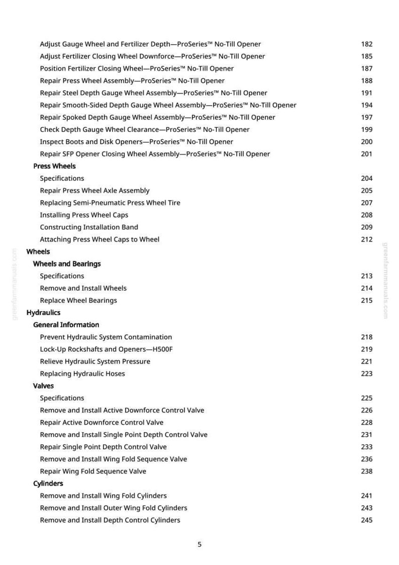 May include: A detailed contents list from a manual, with sections including "Press Wheels," "Wheels and Bearings," "Hydraulics," and "Valves." The text is black on white, with page numbers on the right-hand side.