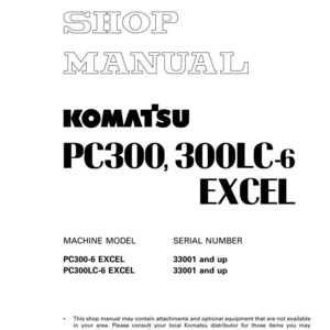 Pode incluir: Um manual de oficina branco com o t&iacute;tulo "SHOP MANUAL" em negrito e contornado. O manual &eacute; para os modelos Komatsu PC300, 300LC-6 EXCEL. Inclui informa&ccedil;&otilde;es sobre o modelo da m&aacute;quina e o n&uacute;mero de s&eacute;rie. Copyright 2002 KOMATSU.