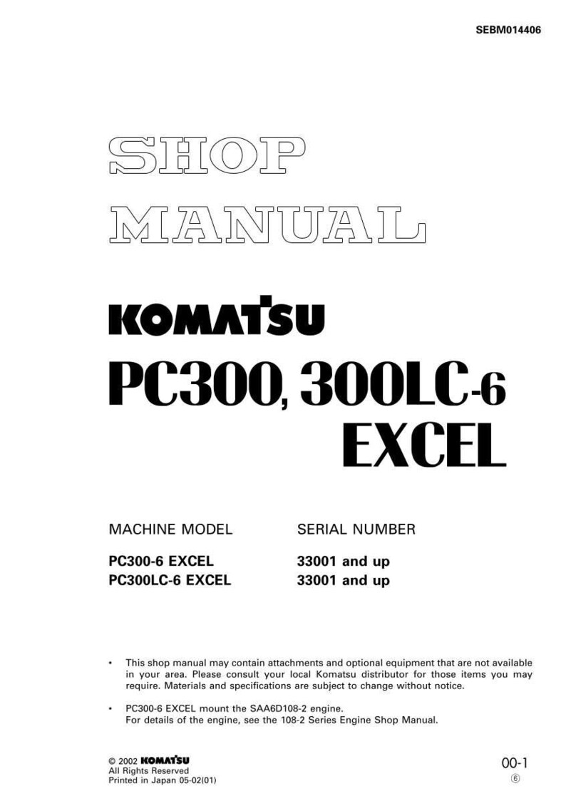 Pode incluir: Um manual de oficina branco com o t&iacute;tulo "SHOP MANUAL" em negrito e contornado. O manual &eacute; para os modelos Komatsu PC300, 300LC-6 EXCEL. Inclui informa&ccedil;&otilde;es sobre o modelo da m&aacute;quina e o n&uacute;mero de s&eacute;rie. Copyright 2002 KOMATSU.