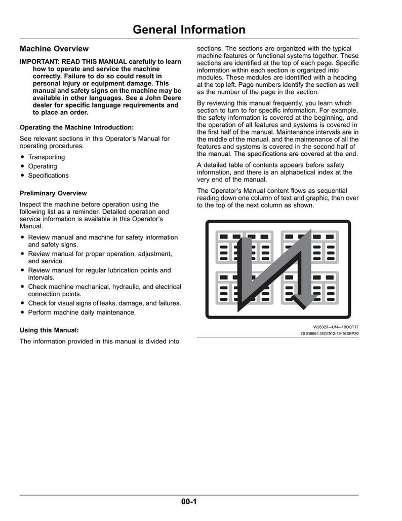 May include: A page from an operator's manual with the title "General Information." The text describes machine operation, safety, and maintenance. A diagram with a black border and a diagonal arrow is in the lower right corner. The page number is 00-1.