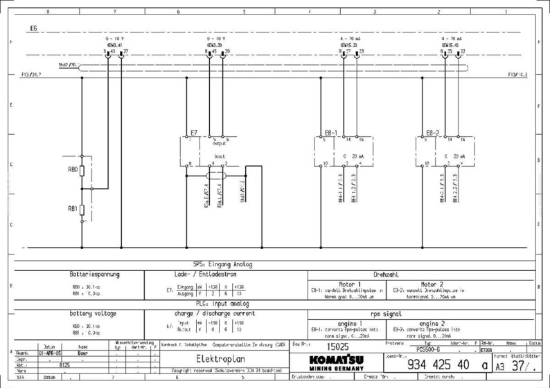 Peut inclure: Un sch&eacute;ma &eacute;lectrique d&eacute;taill&eacute; en noir et blanc, avec divers composants, lignes et &eacute;tiquettes. Le diagramme comprend du texte en anglais, tel que "battery voltage" et "rpm signal", et est probablement destin&eacute; &agrave; des applications industrielles ou d'ing&eacute;nierie.