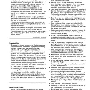 May include: A safety manual page with black text on a white background. The text provides instructions and safety guidelines for operating machinery, including operator training, preparation, and safe operating procedures.