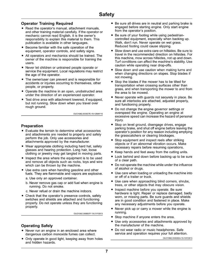 May include: A safety manual page with black text on a white background. The text provides instructions and safety guidelines for operating machinery, including operator training, preparation, and safe operating procedures.