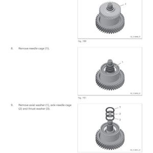 May include: Diagram of mechanical components labeled for dismantling. Includes gears, washers, and a needle cage. Text indicates the steps: remove idler gear, needle cage, and axial washer.
