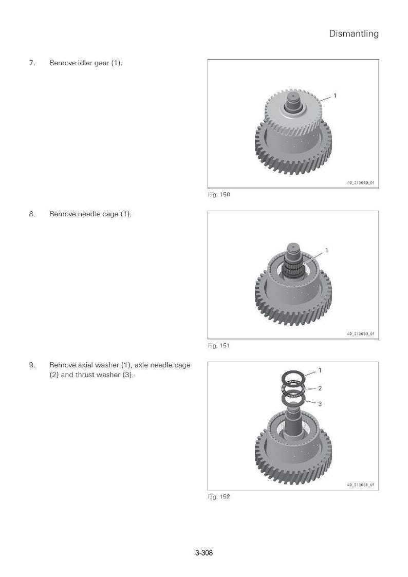 May include: Diagram of mechanical components labeled for dismantling. Includes gears, washers, and a needle cage. Text indicates the steps: remove idler gear, needle cage, and axial washer.