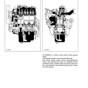 May include: Detailed diagrams of a WG600-B vertical, liquid-cooled, 4-cycle petrol engine. The image presents cross-sectional views, revealing internal components like pistons and valves. The word "FEATURE" is at the top.