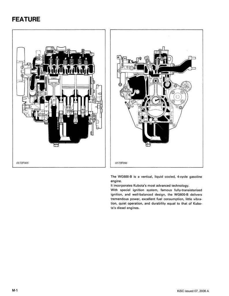May include: Detailed diagrams of a WG600-B vertical, liquid-cooled, 4-cycle petrol engine. The image presents cross-sectional views, revealing internal components like pistons and valves. The word "FEATURE" is at the top.