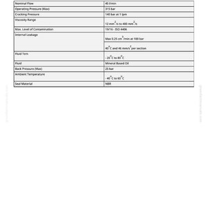 May include: A white document titled "Supply Specifications" with a table detailing technical specifications. The table includes parameters like nominal flow, operating pressure, viscosity range, and fluid temperature, with corresponding values.