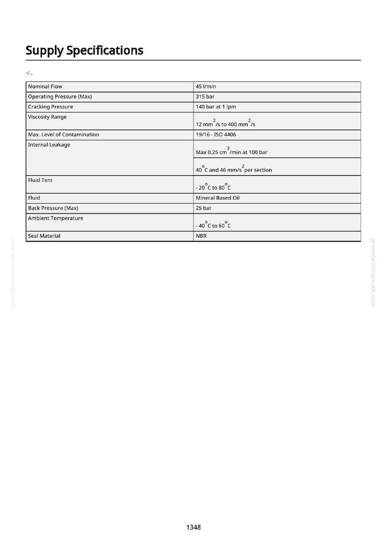 May include: A white document titled "Supply Specifications" with a table detailing technical specifications. The table includes parameters like nominal flow, operating pressure, viscosity range, and fluid temperature, with corresponding values.