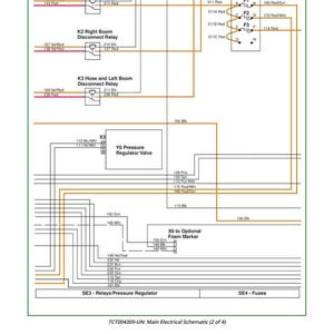 Może przedstawiać: Szczeg&oacute;łowy schemat elektryczny z etykietami i liniami. Zawiera elementy takie jak przekaźniki, skrzynka bezpiecznik&oacute;w i zaw&oacute;r regulacji ciśnienia. Tekst na dole brzmi "Gł&oacute;wny schemat elektryczny (3 z 4)".