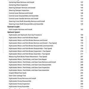 May include: A page from a manual with a list of mechanical procedures, including "Chain Case Access Plate Remove and Install" and "Hydrostatic Motor and Park Brake Repair." The text is black on a white background.