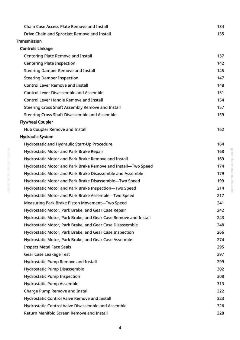 May include: A page from a manual with a list of mechanical procedures, including "Chain Case Access Plate Remove and Install" and "Hydrostatic Motor and Park Brake Repair." The text is black on a white background.