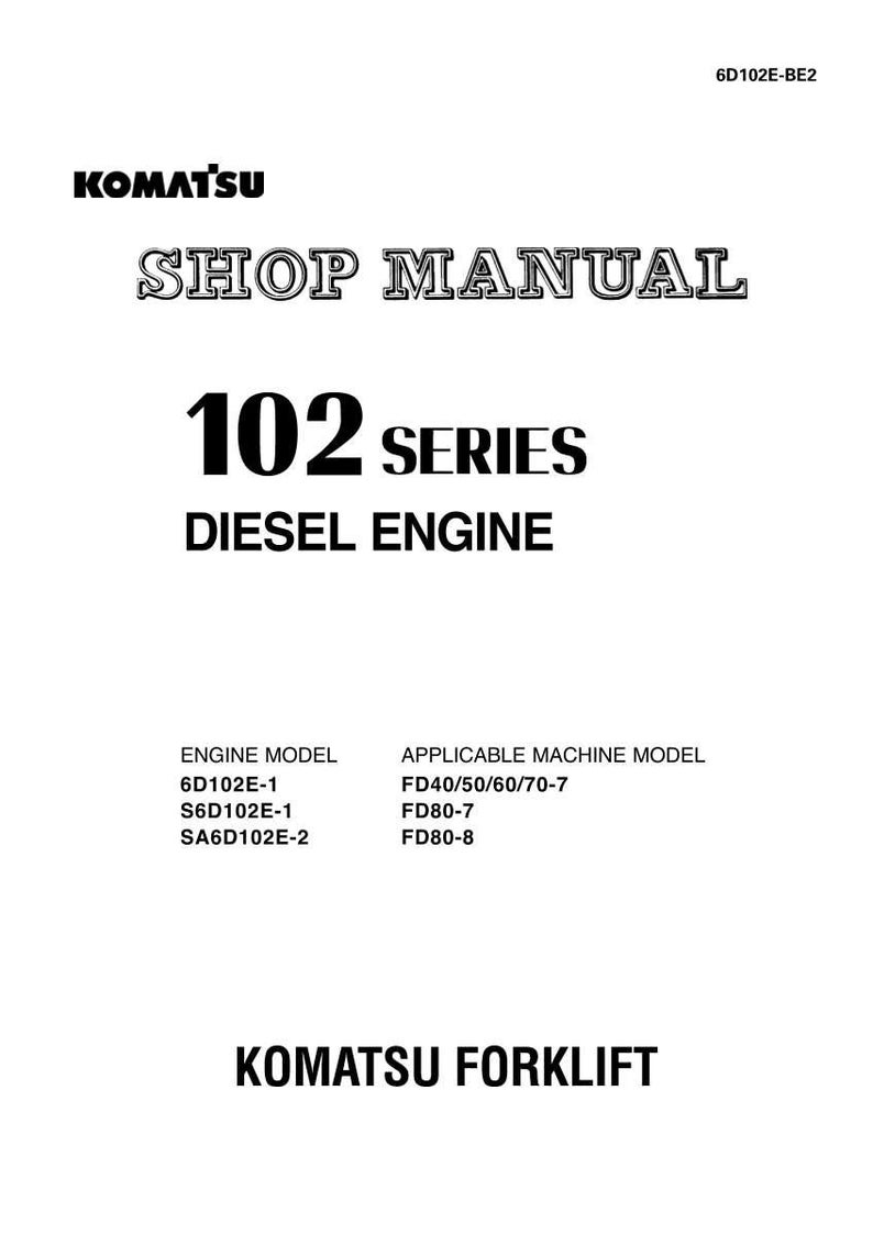 May include: A white shop manual cover with the Komatsu logo and the text "SHOP MANUAL 102 SERIES DIESEL ENGINE". Includes engine and machine model information for Komatsu forklifts.