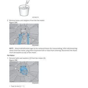May include: Diagrams illustrating hydraulic hose and fitting removal and installation. Includes instructions for disconnecting hoses, removing adapters, and removing the fan motor. The motor weight is about 11.0 lb.