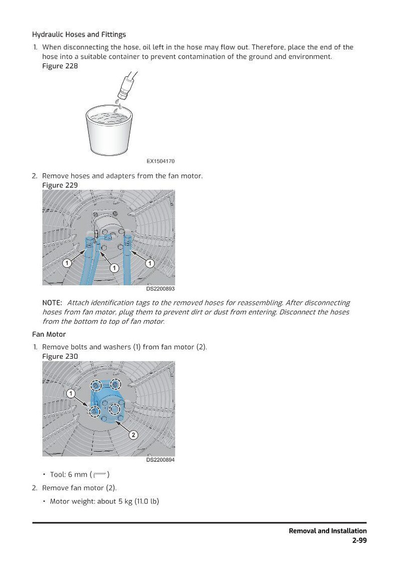 May include: Diagrams illustrating hydraulic hose and fitting removal and installation. Includes instructions for disconnecting hoses, removing adapters, and removing the fan motor. The motor weight is about 11.0 lb.
