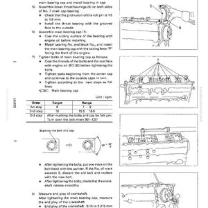 K&ouml;nnte beinhalten: Eine technische Zeichnung aus einem Handbuch, die die Schritte zur Motormontage detailliert. Das Bild zeigt Nahaufnahmen von Motorkomponenten, einschlie&szlig;lich Lagern, Bolzen und Kappen, mit begleitenden Textanweisungen und Messungen in kgm.