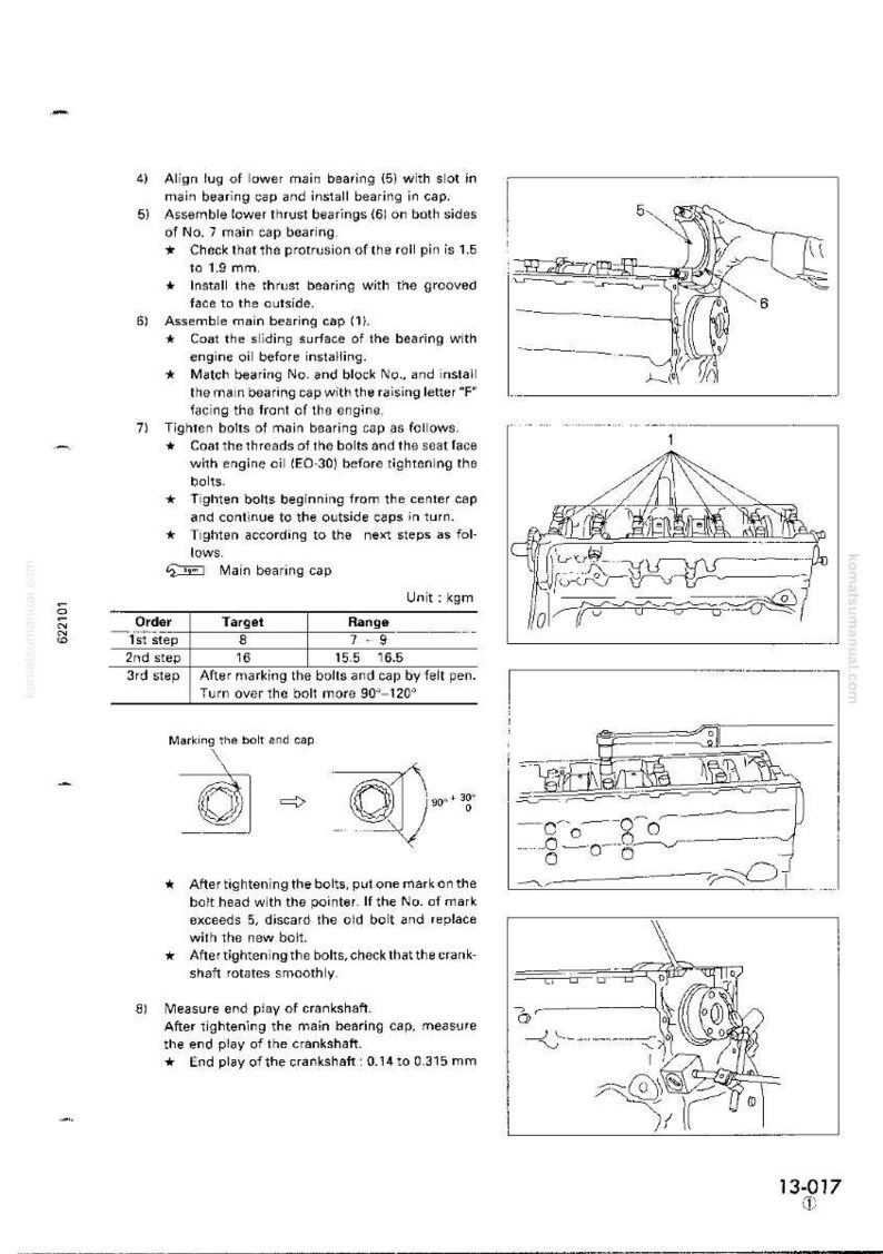 K&ouml;nnte beinhalten: Eine technische Zeichnung aus einem Handbuch, die die Schritte zur Motormontage detailliert. Das Bild zeigt Nahaufnahmen von Motorkomponenten, einschlie&szlig;lich Lagern, Bolzen und Kappen, mit begleitenden Textanweisungen und Messungen in kgm.