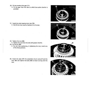 May include: A manual page illustrating the disassembly and assembly of a transmission. The text provides instructions for fitting gears, installing races, tightening nuts, and installing plates and locks. Diagrams of the components are included.