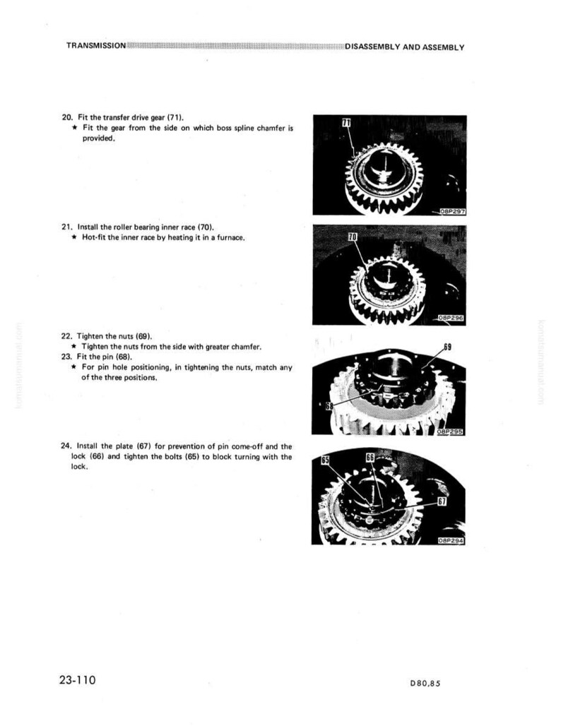 May include: A manual page illustrating the disassembly and assembly of a transmission. The text provides instructions for fitting gears, installing races, tightening nuts, and installing plates and locks. Diagrams of the components are included.