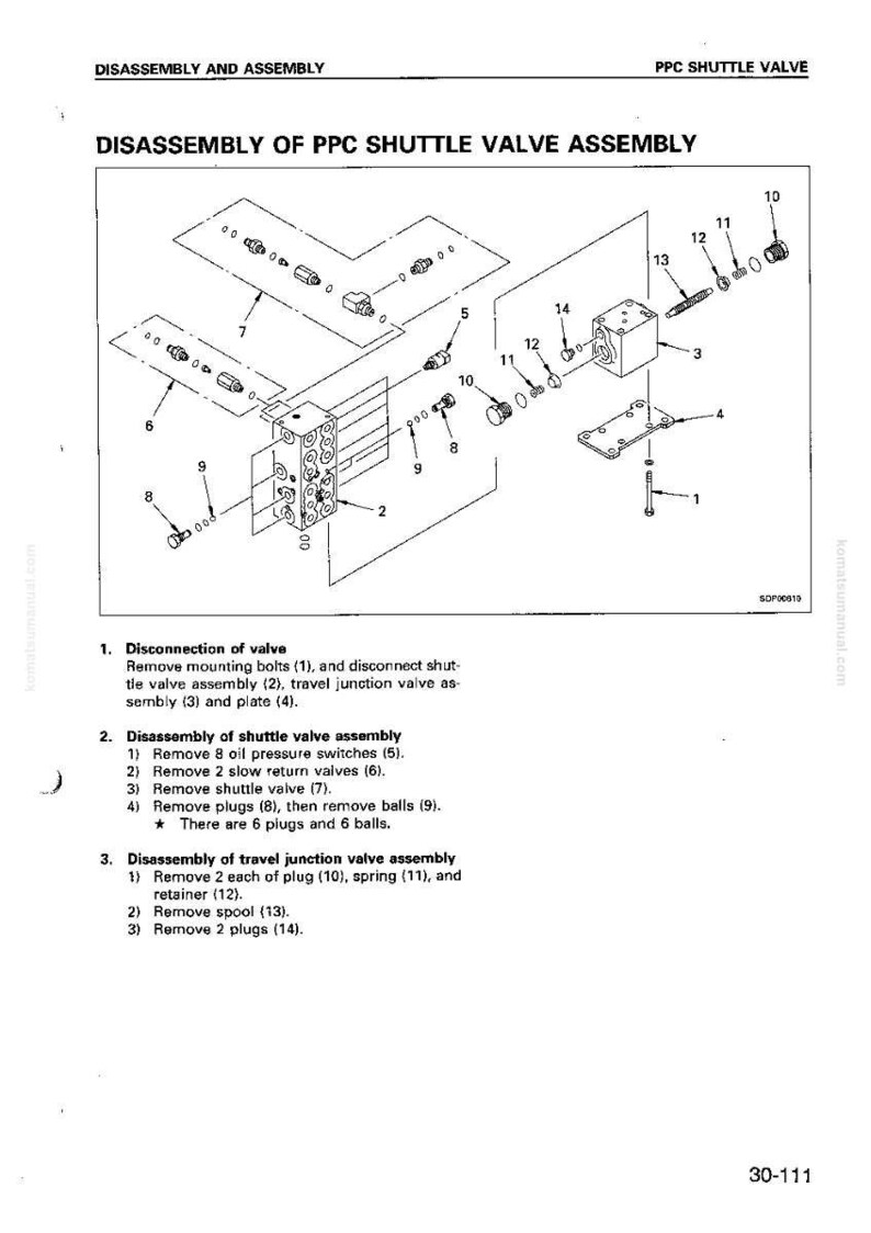 May include: Diagram of a PPC shuttle valve assembly, illustrating disassembly steps. Includes labeled components like bolts, valves, plugs, and springs. Text details the removal of parts for maintenance. Technical illustration.