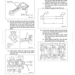 May include: Diagram of engine disassembly and assembly instructions. Includes illustrations of connecting rods, pistons, and other engine components. Text includes instructions and measurements, such as a bolt limit length of 95.0 mm.