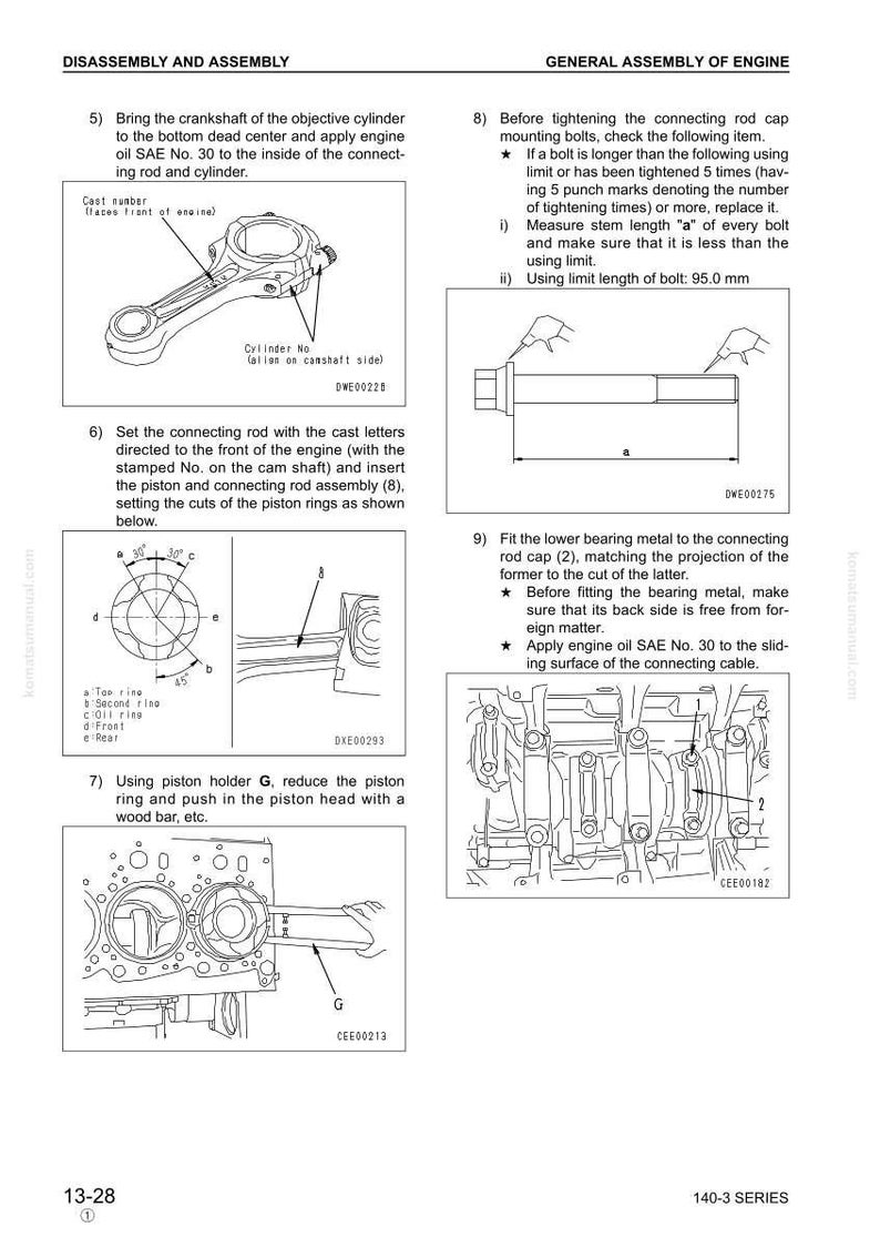 May include: Diagram of engine disassembly and assembly instructions. Includes illustrations of connecting rods, pistons, and other engine components. Text includes instructions and measurements, such as a bolt limit length of 95.0 mm.