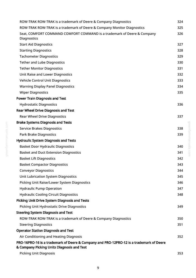 May include: A page from a manual with a list of diagnostics and tests for various systems. The text includes terms like "Power Train Diagnosis," "Brake Systems," and "Hydraulic System." The page number is 9.