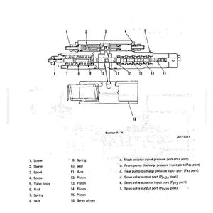 May include: Detailed technical diagram of a PC control system, featuring labeled components such as screws, pistons, and valve bodies. The diagram includes a section view and a list of parts with corresponding numbers.