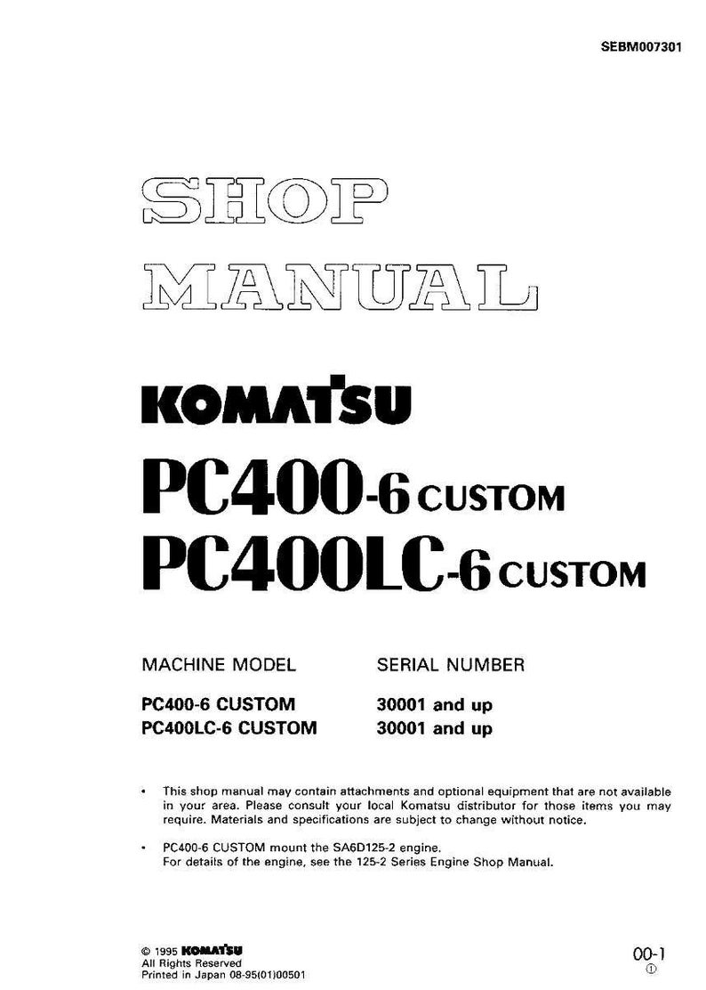 Puede incluir: Un manual de taller para m&aacute;quinas Komatsu PC400-6 CUSTOM y PC400LC-6 CUSTOM. La portada presenta el logotipo de Komatsu y la informaci&oacute;n del modelo en negrita, en negro. El manual incluye detalles del modelo y del n&uacute;mero de serie.