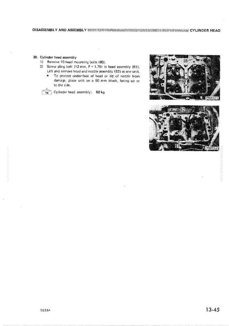 May include: Technical diagram showing cylinder head assembly instructions. Includes text detailing the removal of bolts and the lifting of the head and nozzle assembly. The diagram also shows the weight of the cylinder head assembly, which is 80 kg.