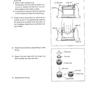 May include: Diagram of hydraulic cylinder disassembly and assembly instructions. The image includes detailed illustrations of the process, with labels for parts like the U-packing, bushing, and dust seal. Text instructions accompany the diagrams.