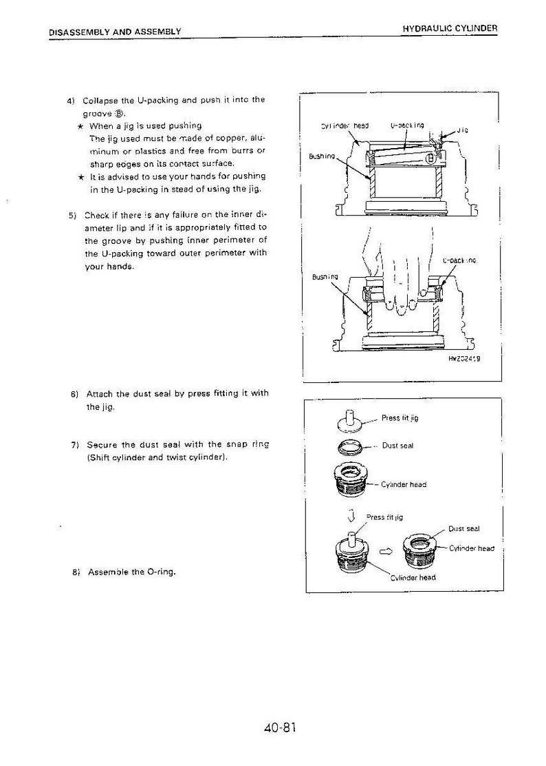 May include: Diagram of hydraulic cylinder disassembly and assembly instructions. The image includes detailed illustrations of the process, with labels for parts like the U-packing, bushing, and dust seal. Text instructions accompany the diagrams.
