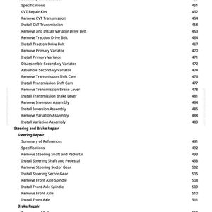 May include: A page from a manual with a table of contents. The text includes "Repair CVT Transmission," "Steering and Brake Repair," and "Brake Repair." Page numbers are listed on the right.